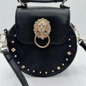 Carlos Santana Black Studded Lion Head Saddle Crossbody Shoulder Bag